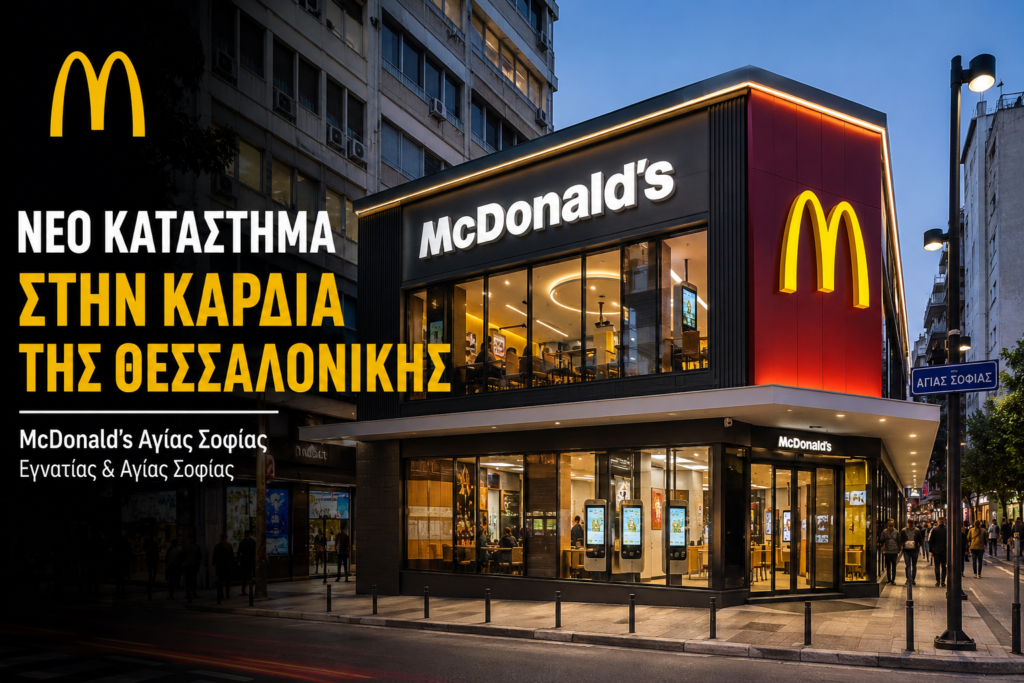 Σύγχρονο κατάστημα McDonald's στη συμβολή των οδών Εγνατίας και Αγίας Σοφίας, στο κέντρο της Θεσσαλονίκης